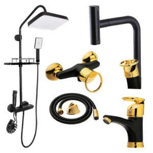 ست شیرآلات النگویی آبشاری پیانویی مشکی طلایی